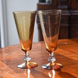 Pair of Amber Champagne Goblets Ombre Footed Glasses Mid Century - 8" Tall